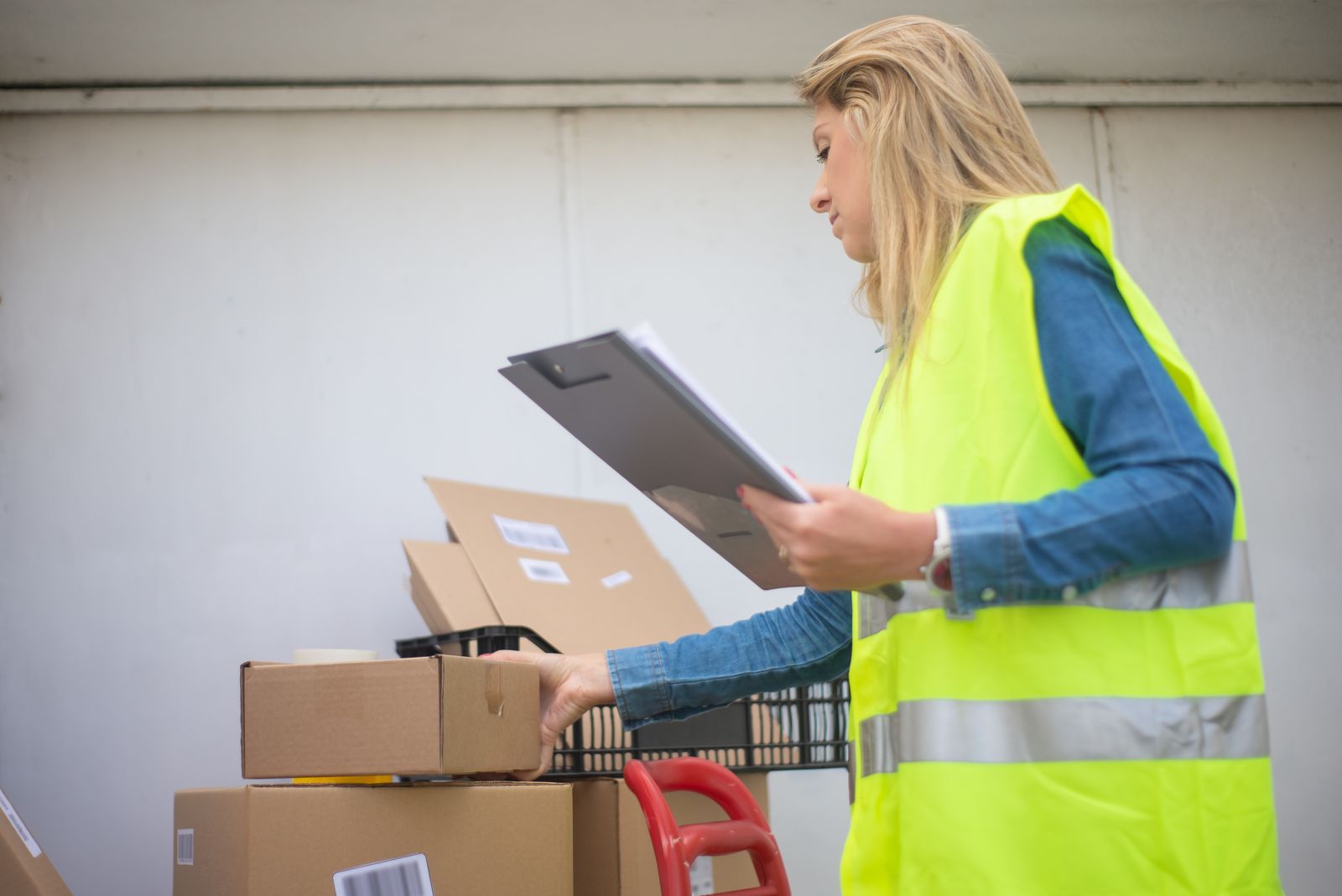 Warehouse operator checking stock data on a tablet connected to ERP