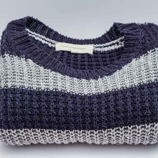Navy striped wool crew neck sweater
